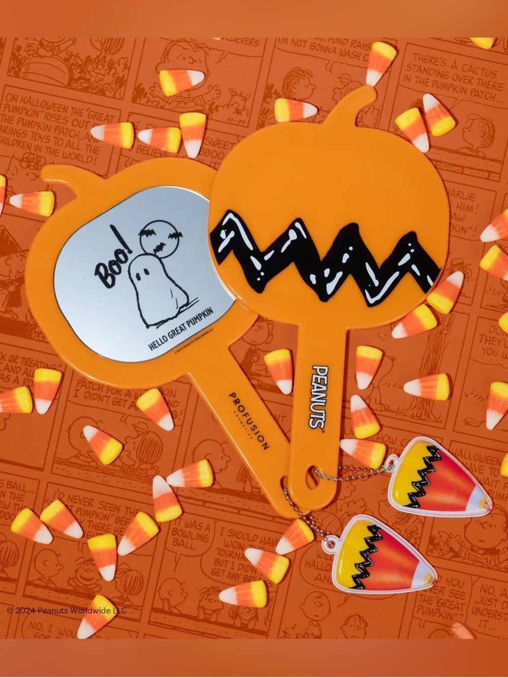 Peanuts Pumpkin Hand Mirror with Light Up Candy Corn Keychains